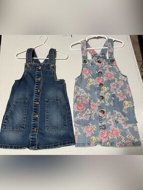 Wonder Nation Denim and Floral Button-Front Overalls - Blue and Pink